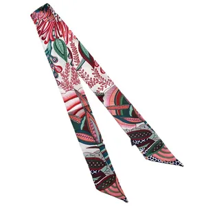 European vintage floral print skinny silk scarf for hair with elegant botanical patterns