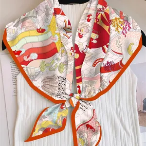 Fashionable printed silk scarf with sea horse illustrations and bright orange border