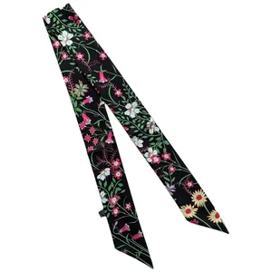 Elegant skinny black floral silk scarf with colorful flower print for hair or handbags