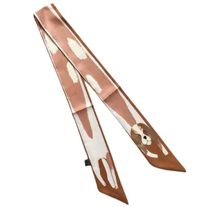 Cute Cavalier King Charles Spaniel print long silk twilly scarf in caramel and white