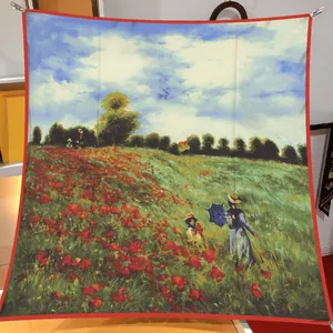 Classic Monet Poppy Field oil painting satin square scarf with elegant red stitched edges