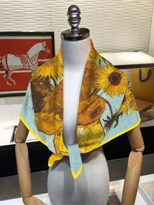 Artistic Van Gogh Sunflower print silk scarf draped over a display mannequin