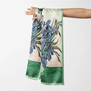 Detail of silk-touch scarf featuring Van Gogh Iris oil painting print with green borders