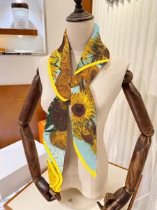 Van Gogh sunflower oil painting silk neck scarf with yellow borders on a mannequin