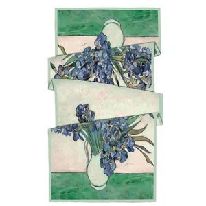 Linen cotton shawl with Van Gogh Irises print used as sunshade scarf or table runner