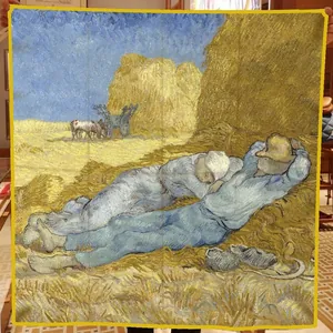 Silk square scarf featuring Van Gogh Noon Rest painting as an artistic shawl or wrap