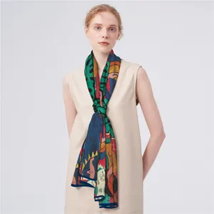 Elegant long silk scarf with colorful abstract art print for women beach sun protection