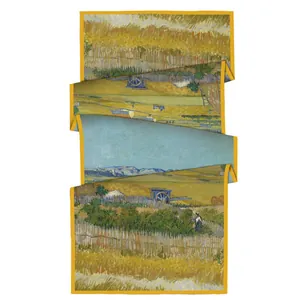 Detail of artistic cotton linen scarf with Van Gogh harvest oil painting print and yellow edges