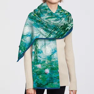 Women's Satin Scarf Monet Water Lilies Impressionist Oil Painting Print Long Shawl Wrap Sun Protection Art Style Accessory