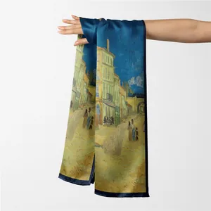 Detail of artistic Van Gogh scarf showing smooth texture and vibrant printed colors
