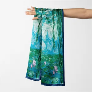 Artistic long silk scarf with impressionist water lily oil painting print for women