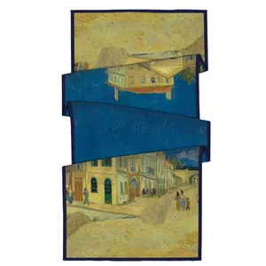 Artistic Van Gogh Yellow House print cotton linen sunshade scarf with blue hemmed edges
