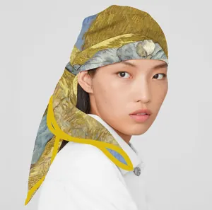 Van Gogh art style silk scarf for women made of premium glossy satin with gold patterns