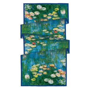 Monet Water Lilies print silk scarf with blue borders and elegant artistic patterns