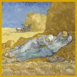 Van Gogh Noon Rest art print silk scarf with vibrant blue and yellow impressionist patterns