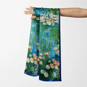 Monet Water Lilies printed silk scarf shawl for women with elegant floral oil painting design