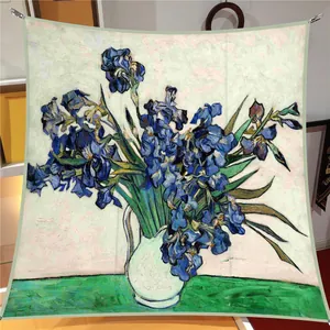 Van Gogh Irises Oil Painting Print Square Scarf For Women Satin Silk Like Decorative Shawl Wrap Headscarf Art Floral Accessory