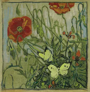 Artistic Van Gogh red poppy and butterfly silk scarf for women's spring and autumn wear