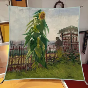 Artistic Van Gogh sunflower garden oil painting silk scarf displayed with clips