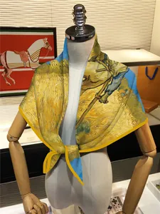 Van Gogh oil painting harvest silk square scarf worn on mannequin with blue sky pattern