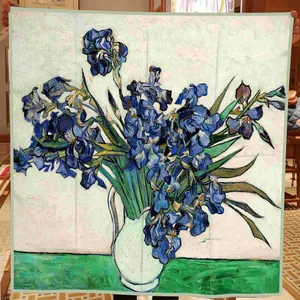 Artistic silk square scarf with Van Gogh Irises floral print and light green edges