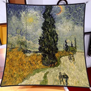 Van Gogh oil painting square silk scarf with Road with Cypress and Star pattern print
