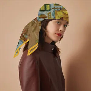 Detailed view of Van Gogh Bedroom painting print on a square silk scarf tied as a headscarf