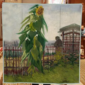 Van Gogh sunflower garden art print silk shawl scarf with emerald green border