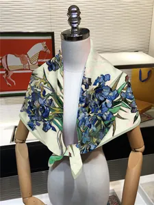 Artistic silk square scarf with Van Gogh Iris print displayed on a mannequin