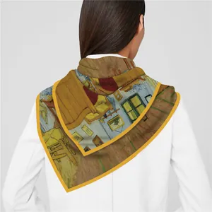 Detailed view of Van Gogh's bedroom painting print on a silky square scarf wrap