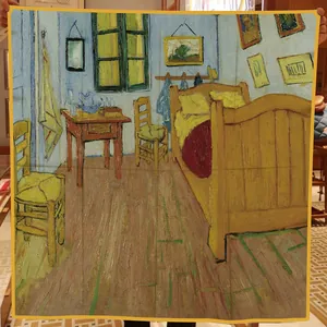 Van Gogh Bedroom painting silk scarf with yellow border for women beach shawl