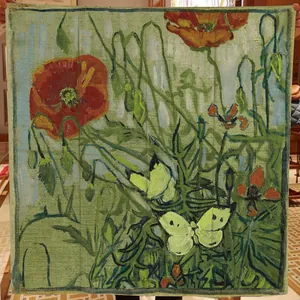 Handheld square silk scarf with Van Gogh Butterflies and Poppies oil painting pattern