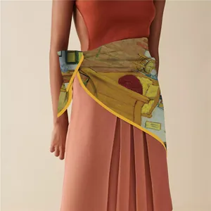 Detail of artistic Van Gogh bedroom print on a light vintage sarong worn by a model