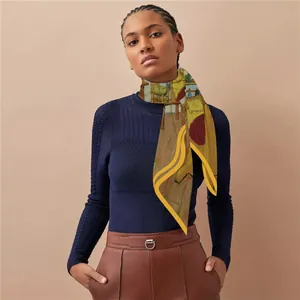 Artistic silk twilly scarf featuring Van Gogh's Bedroom print in warm yellow and brown