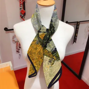 Artistic Van Gogh oil painting style silk scarf worn by female model as stylish neck wrap