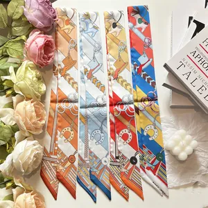 French Style Equestrian Print Satin Narrow Scarf Elegant Twilly For Bag Handle Hair Ribbon Neck Scarf Women Fashion Accessory