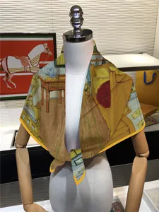 Artistic Van Gogh Arles Bedroom print silk scarf with vibrant yellow border on a mannequin