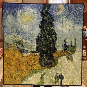 Van Gogh Starry Night silk scarf featuring Road with Cypress and Star painting design
