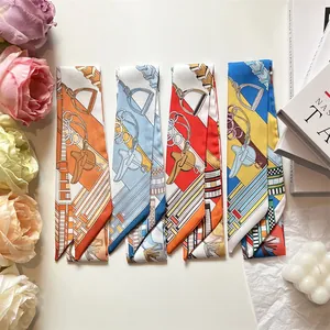 Narrow silk twilly scarves with equestrian horse prints in four vibrant colors