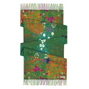 Thick cashmere pashmina shawl with Klimt art flower print and decorative fringes
