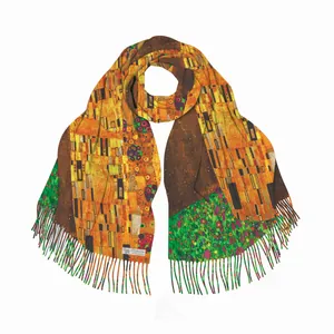 Artistic cashmere shawl with Klimt oil painting print and elegant tassels for women