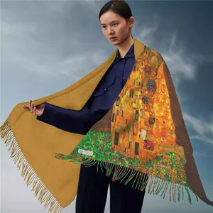 Pashmina cashmere shawl with 'The Kiss' art print and mustard yellow reverse with tassels