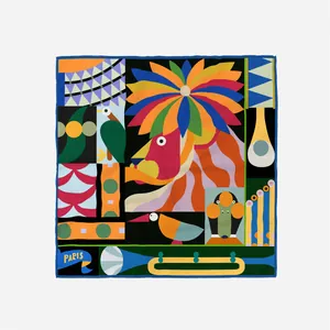 Pañuelo cuadrado de seda estilo pop art con ilustraciones geométricas de león y aves