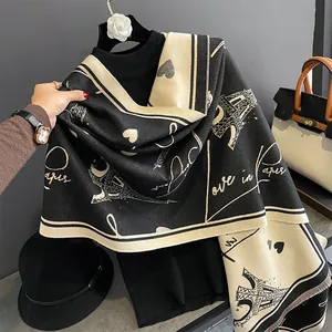 French style jacquard long pashmina scarf in black and beige with Eiffel Tower patterns