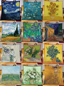 Detailed grid showing twelve artistic square scarves featuring classic oil painting prints
