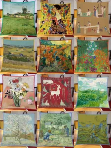 Detailed grid of 12 art-inspired silk scarves with oil painting and ink brush patterns