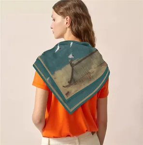 Classic Chinese style silk scarf with crane and palace art on deep blue background