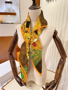 Detailed shot of Gustav Klimt The Kiss art print twilly scarf on a wooden mannequin arm