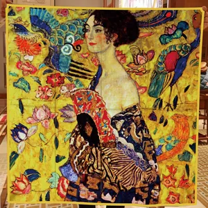 Detail of Lady with a Fan artwork print on premium silk scarf with golden tones