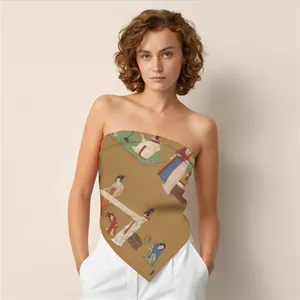 Detailed view of bronze silk scarf featuring traditional Chinese figures worn as a chic top